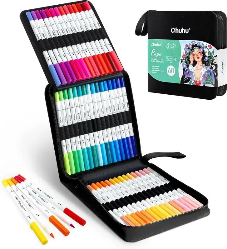 Ohuhu Doppelspitzen-Pinselstifte - 60 Farben, wasserbasierte Farbmarker für Kalligraphie und Journaling