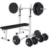 GORILLA SPORTS Hantelbank mit Ablage, Dip-Station, inkl. Hantelset 100kg, Klappbar, Schwarz/Weiß