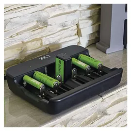 EMOS Akku-Ladegerät NiMH, NiCd für 6 Akkus, Schnell-Ladegerät 500 mA, für 1-6x AAA, AA, C, D, 9 V aufladbare Batterien, inkl. USB-C Kabel, Akkuschutz, Sicherheitsfunktionen