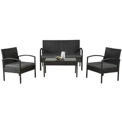 Juskys Polyrattan Balkonmöbel Trinidad schwarz, 4 Personen - Tisch, Bank, 2 Stühle, graue Auflagen