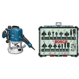 Bosch Professional Oberfräse GOF 1250 CE (inkl. Kopierhülsenadapter, Parallelanschlag, Maulschlüssel 19mm, Spannzange, im Karton) +15tlg. Fräser Set Mixed (für Holz, Zubehör Oberfräsen mit 8mm Schaft)