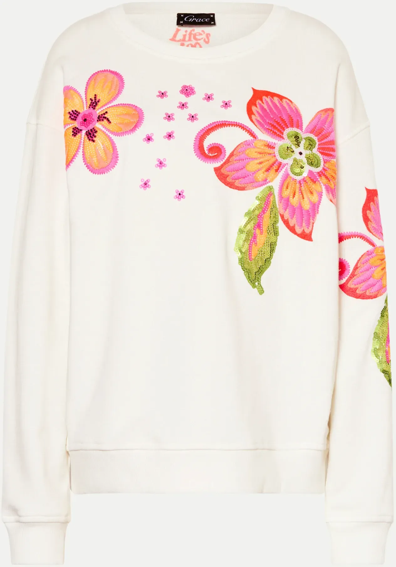 Sweatshirt mit Blumen Pailletten Weiß L