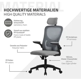 ML-Design Bürostuhl ergonomisch, Grau aus Mesh, mit Verstellbarer Kopfstütze, Armlehnen, Lendenwirbelstütze, Wippfunktion,