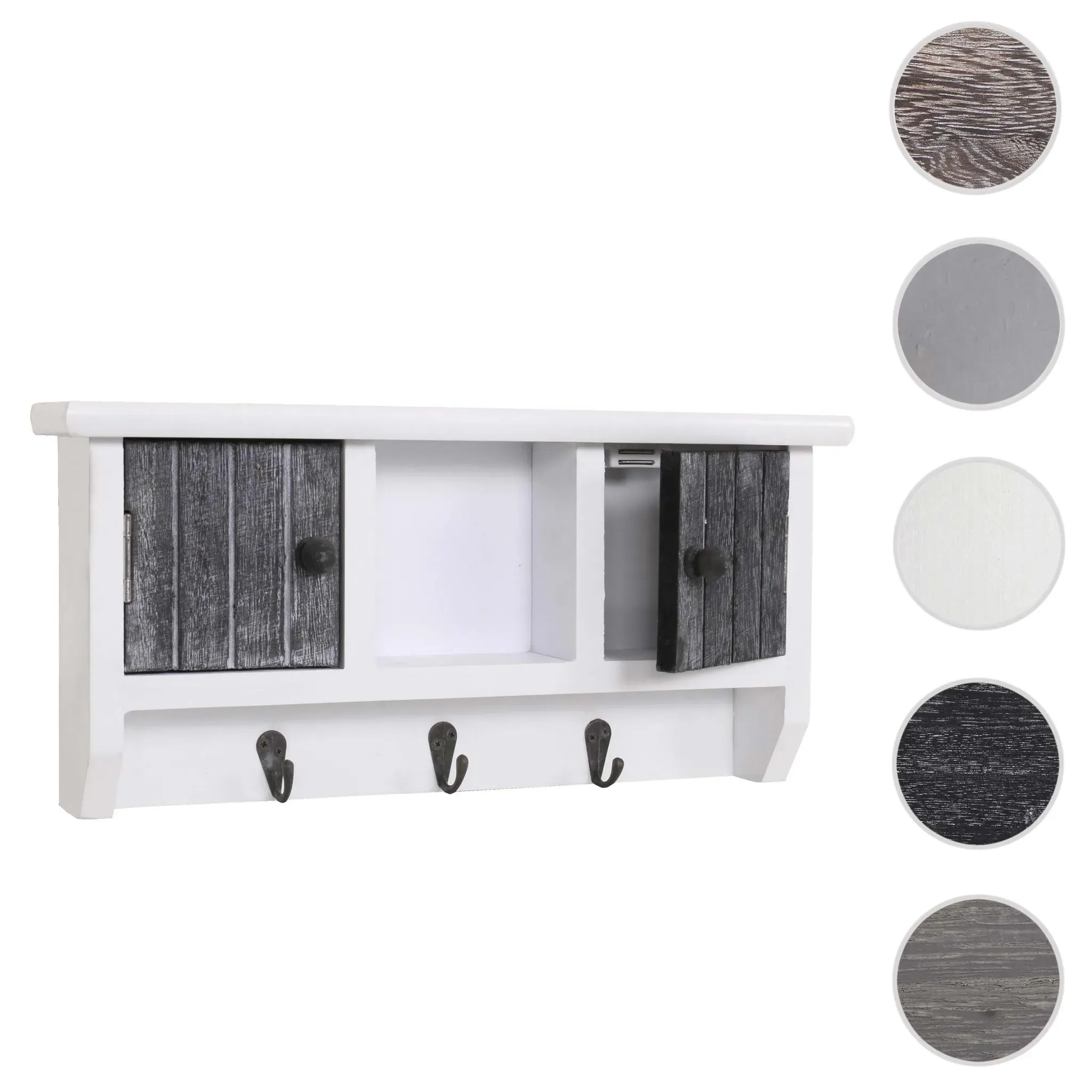 Schlüsselbrett HWC-A48, Schlüsselkasten Schlüsselboard mit Türen, Massiv-Holz MVG-zertifiziert ~ shabby grau-weiß