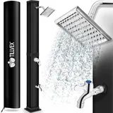 tillvex Solardusche 40 Liter inkl. Schutzhaube | Solar Garten-dusche warmes Wasser | Pooldusche Camping | ohne Stromanschluss | mit Wasserhahn und Regenduschkopf | Gartenschlauch-Anschluss | Schwarz