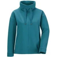 Hausanzug GOLDNER "Kurzgröße Sportiver Kragenpullover mit Tunnelzug", Damen, Gr. 21, grün (petrol), Obermaterial: 92% Baumwolle CO. 8% Elasthan EL., eng normales Bündchen, Homewear-Sets Hausanzug, halsferner Umlegekragen mit Bindeband