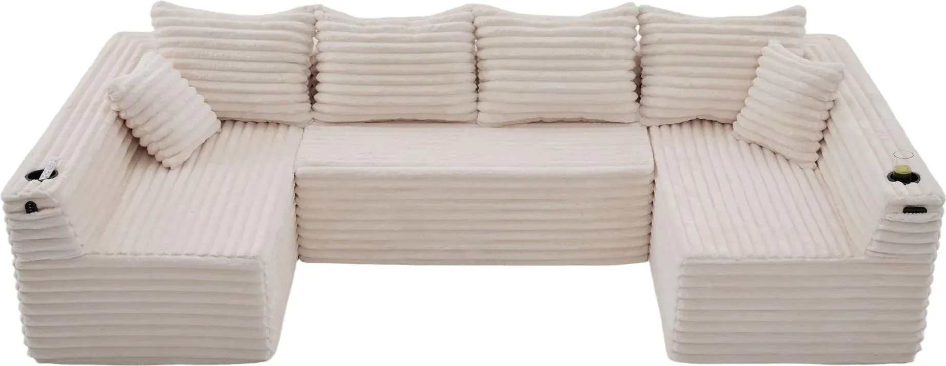 U-förmiges Cord-Sofa, integriertem Getränkehalter und Seitentasche, Federkernpolsterung, 320x155x88 cm, Beige