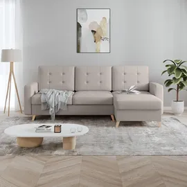 beautysofa Ecksofa VINCI mit Schlaffunktion und Bettkasten, Cappuccino Velo 624, Uniwersalle Ottomane - Creme