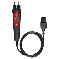 Prüfstecker für Schutzkontaktsteckdose. Test/Mem-Taste. LED-Messstellenbeleuchtung. Gut/Schlecht-Anzeige über grüne/rote LED.