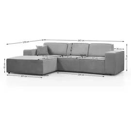 beautysofa Ecksofa PEDRO L Hellgrau, 267x170 cm, Sofa L-form Breite Ottomane links, ohne Schlaffunktion - Hellgrau