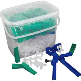 Kronen-Hansa-Werk GmbH & Co. KG Kronen Hansa Nivelliersystem für Fliesen (Verlegehilfe zum Fliesenlegen, Starter Set für 2 mm Fugenbreite, 100 Zuglaschen, 100 Keile, Zange, Flie...
