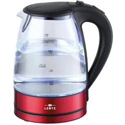 LENTZ Wasserkocher Glas 74128 2200W 1,7 Liter mit LED Beleuchtung Drahtlose Steuerung ,rot