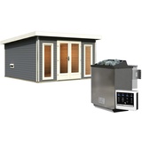 Woodfeeling Karibu Saunahaus Mainburg 3 mit Vorraum - 38 mm terragrau Set C (Sauna B 1,34 x T 1,34 m mit 2 Liegen 57/52 cm) 9 kW Bio-Kombiofen inkl. Steuergerät inkl. 8-teiligem gratis Zubehörpaket (Gesamtwert 191,92€)