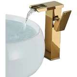 HS.SUPPLY Waschtischarmatur Wasserfall Wasserhahn Badarmatur (Komplettset, Alles im Lieferumfang enthalten) LED-Beleuchtung angetrieben durch internes Wasserkraftwerk goldfarben