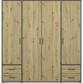 Rauch Drehtürenschrank RAUCH "Kleiderschrank Schrank Garderobe Wäscheschrank VOYAGER", grau (graumetallic, eiche artisan), B:187cm H:194cm T:53cm, Holzwerkstoff, Schränke, Drehtürenschrank, moderne Griffe in Graumetallic mit Außenschubkästen MADE IN GERMANY