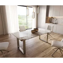 DELIFE Esstisch Edge 200x100 Keramik Minas Melange Weiß-Beige Edelstahl Schmal, Esstische