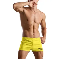 Musclealive Herren Fitnessstudio Bodybuilding Trainieren Kurze Hose Baumwolle Men Shorts (XL-(Waist 35-41), Style A Yellow, 3inch Thin No Pockets) - XL