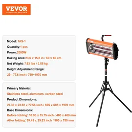 Vevor Infrarot-Härtungslampe, Hand-/Ständer-Doppelnutzung, 2000 W, 0–90 Min. Zeiteinstellung, Auto-Härtungslampe mit automatischer Heizung und Halterung, 32 m2 große Sprüh-/Backkabinenheizungen