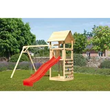 Karibu Woodfeeling Gmbh Karibu Spielturm Lotti mit Doppelschaukel & Kletterwand Rutsche Rot