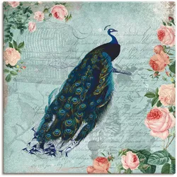 Artland Leinwandbild »Vintage Rosen und Pfau Illustration«, Vögel, (1 St.), auf Keilrahmen gespannt Artland Farbe Bild(er): blau