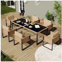 stilvora Garten Essgruppe Mit 1 Tisch Und 6 Sesseln, Hohe Rückenlehne Und Abnehmbare Kissenbezüge, Rattan Und Stoff, Braun
