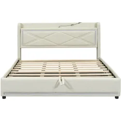 Merax 160*200cm Polsterbett, Doppelbett, Ambientelicht am Ende des Bettes, mit USB-Anschluss, großer Stauraum, Beige