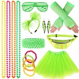 WILDPARTY 80er Jahre Kleidung Damen Grün Set, Kostüm Accessoires 80er, Netzgarnrock, Bauchtasche, Fingerlose Netzhandschuhe,Stirnband, Halskette, Armband,Ohrring, Neon 80 Jahre Outfit Party