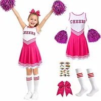yolzhxe Cheerleader Kostüm Kinder, 130 cm Cheerleader Kostüm Mädchen Weich Cheerleading Outfit Cheerleading Outfits mit Pompons, Socken und Haargummi für Basketballspiele Fasching Halloween (Rosa)