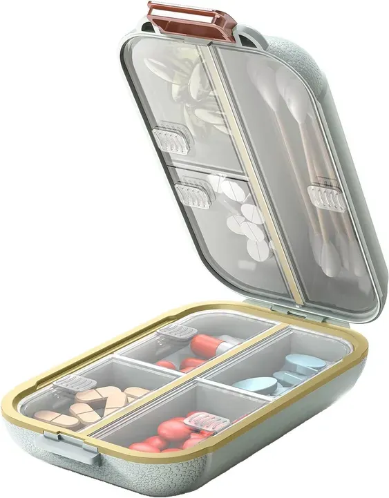Tragbarer Pillen-Organizer, Pillendose mit 7 Fächern, kleine Pillenbox für Reisen, täglicher Medikamenten-Organizer mit luftdichtem Deckel, BPA-freier Pillenbehälter (Grün)
