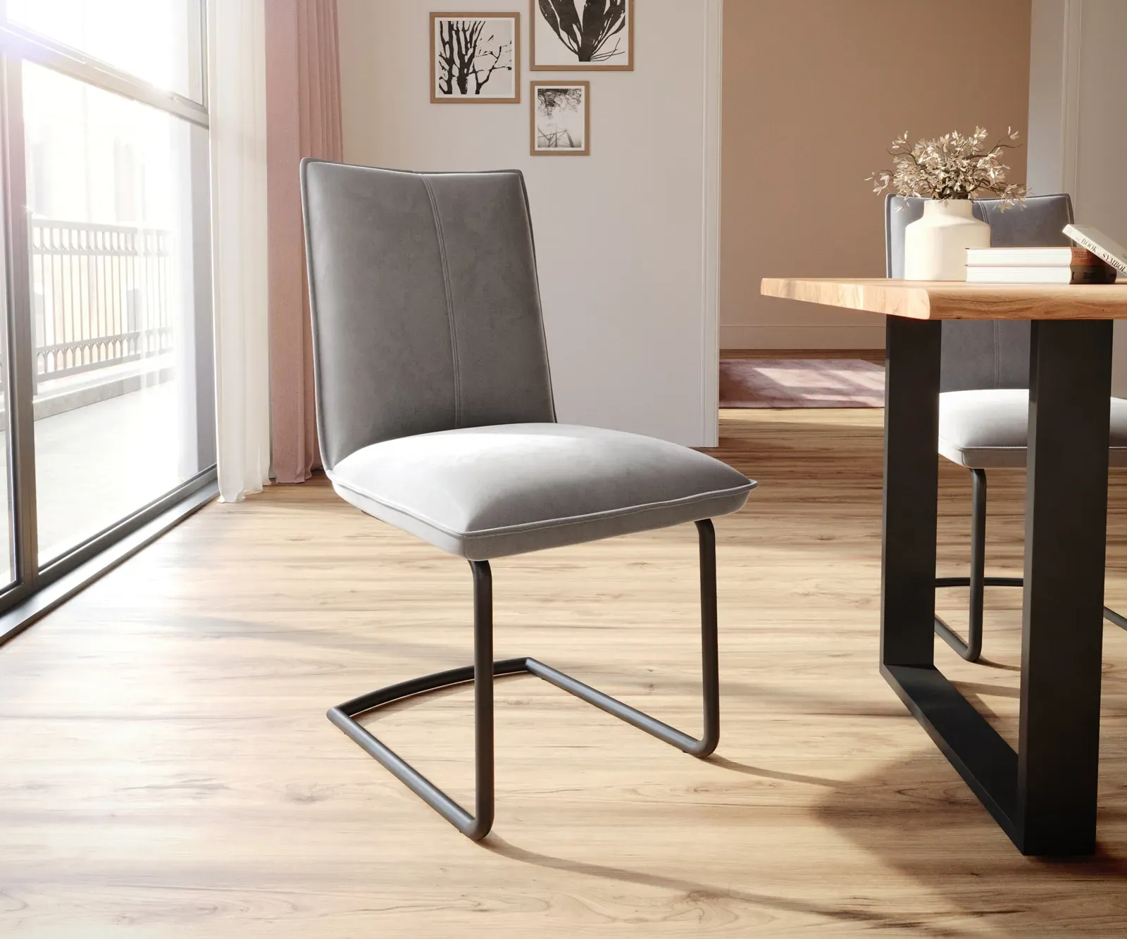 DELIFE Cantilever Lelio-Flex velours gris cantilever rond noir ressorts ensachés, Chaises de salle à manger