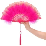 LQIOACU Rosa Retro Handheld, Folding Fan, 20er Jahre Deko, Damen Fächer Feder, 1920s Vintage Style Folding Handheld Feather Fan, Retro Handfächer Damen Gatsby Kostüm Flapper Zubehör