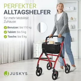 Juskys Aluminium Wohnungsrollator Aktiv mit Tasche und Tablett schmal faltbar rot