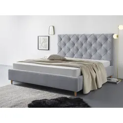Polsterbett LEONIQUE "Louanne", silber, B:198cm H:131cm L:221cm, Betten, mit schöner Knopfheftung im Rückenteil, inkl. Bettkasten
