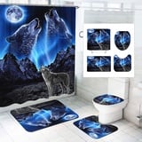 SMchwbc Wolf Duschvorhang 180x180 180x200 Wölfe Textil Wald Tier Duschvorhänge Set Polyester Stoff Wilde Tiere Shower Curtains Badezimmerteppich 4-teiliges Set (200 x 240 cm(BxH),6)