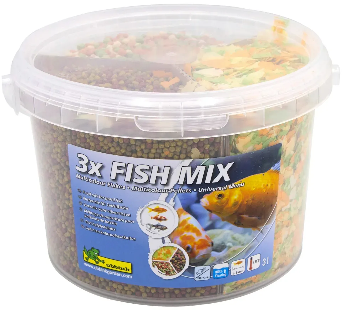 Ubbink Packung 3 in 1 - unterteilte Packung mit 3 Futtermitteln à 1 l für Teichfische: Fish Mix - Multicolor Pellets 4mm, Fish Mix - Multicolor Sticks 4mm und Fish Mix - Multicolor Flakes 5-20 mm - 3 l