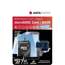 AgfaPhoto microSDXC 64GB Class 10 UHS-I V30 + SD-Adapter