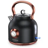 NESSGRAIM Retro Wasserkocher, 1,7L Edelstahl-Teekessel mit Großer Temperaturanzeige, 2200W Schnell Aufheizender Heißwasserboiler mit LED-Indikator,schwarz