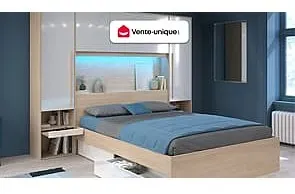 Bettüberbau mit Stauraum & LEDs - L. 265 cm - Weiß glänzend & Holzfarben - VELONA