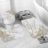 EKSED Badteppich 3 Stück Weiche saugfähige Badematten,Weißgold-Marmor,rutschfeste Badematte Teppiche & Toilettendeckelabdeckung Set Waschbar