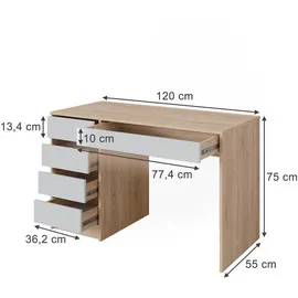 Vicco Schreibtisch Sherry, Sonoma/Weiß, 55 x 120 cm mit Schubladen, Vicco