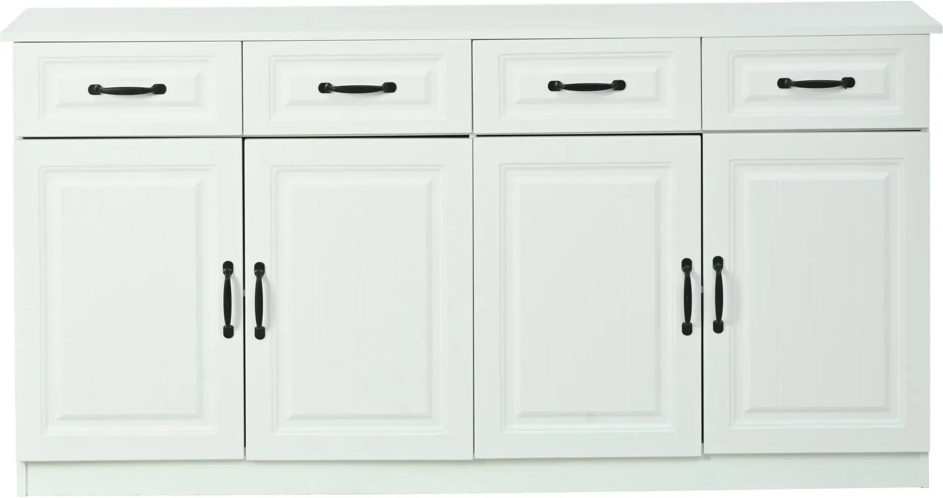 Sideboard mit 4 Schubladen und 4 Türen, viel Stauraum und große Arbeitsfläche, 4 Ablagefächer, 160x35x80 cm, Weiß