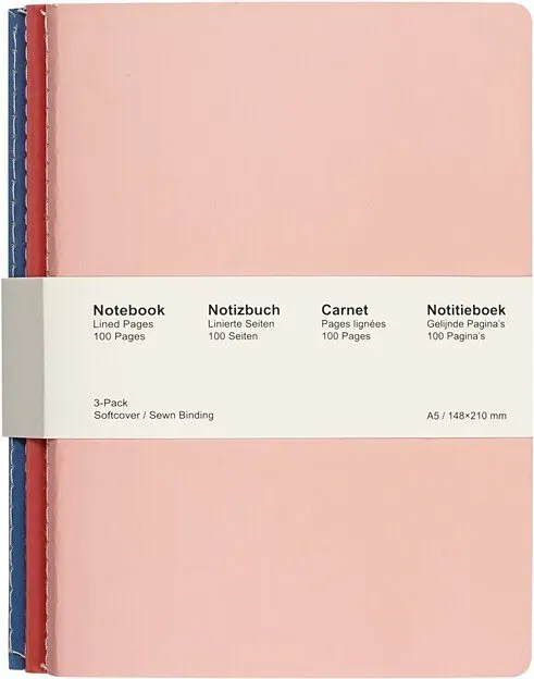 Jubiluu A5 Softcover 3er-Pack Stitch Notizbuch – 50 Blatt (80 g/m2 Offsetting-Papier) – Klassisches Creme-Notizbuch mit Lineatur für Schule, Büro, Journaling oder alltägliche Notizen – Pastelltöne