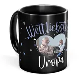 Tassendruck Schwarze Tasse mit Spruch für den weltliebsten Uropa - Tasse mit Foto selbst gestalten - Geschenk für Uropa, Fotogeschenk Familie | Schwarze Fototasse, 300 ml