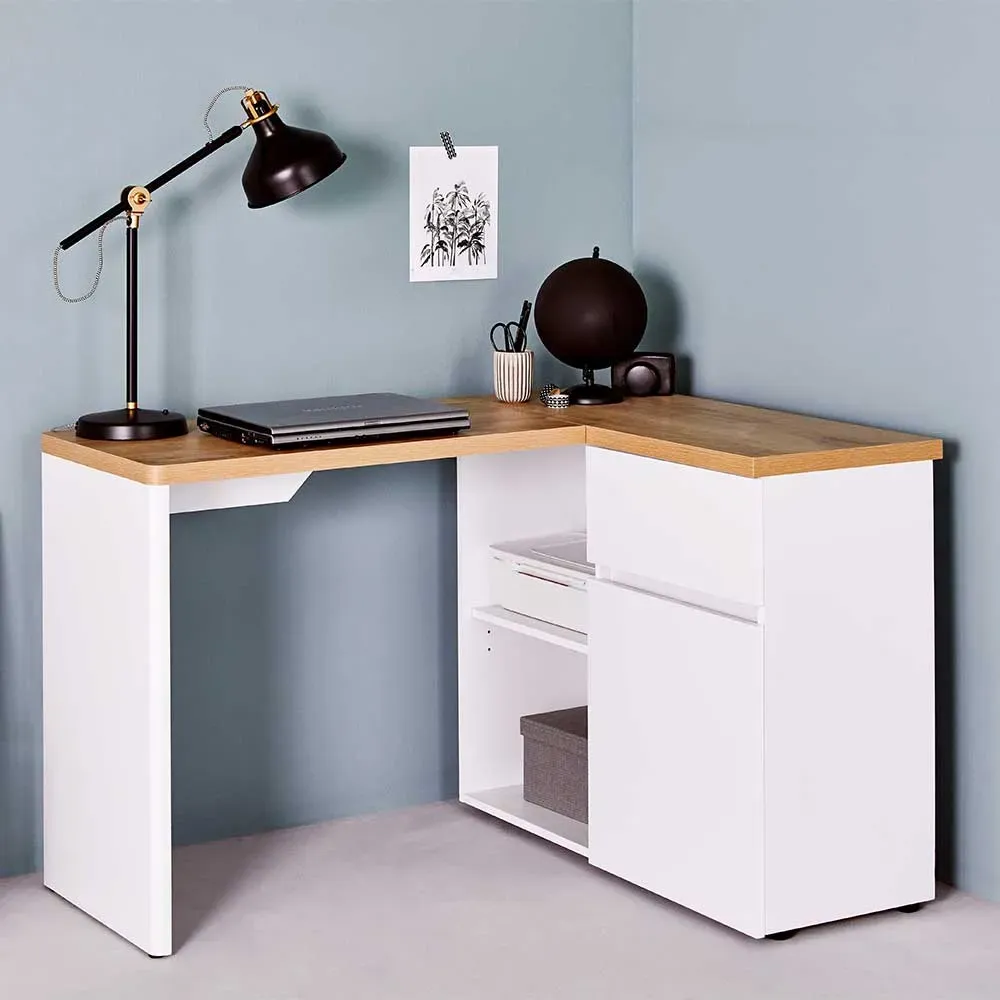 Winkelschreibtisch in Weiß und Eiche Optik Skandi Design