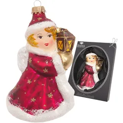 Christbaumschmuck KREBS GLAS LAUSCHA "Engel mit Laterne, goldene Sterne", rot, B:10cm H:10cm T:12cm, Glas, Weihnachtsbaumschmuck, Christbaumschmuck aus Glas, mundgeblasen, handgefertigt, Engelsfigur