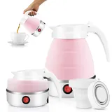 Camping Tragbarer Wasserkocher 600ML, EUBSWA Faltbarer Wasserkocher, Mini Elektrischer Silikon Wasserkessel für Camping, Reise, Outdoor (Rosa)