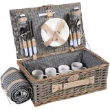 Mendler Picknickkorb-Set HWC-B24AM für 4 Personen, Weiden-Korb, Porzellan Edelstahl - schwarz-weiß