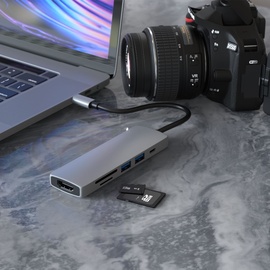 RedStar24 USB-C HUB 6 in 1 Adapter Multiport USB C mit HDMI 4K, USB 3.0, SD/TF Kartenleser Micro SD 55W PD | kompatibel für TV MacBook Pro, Air, iPad Pro, Samsung | Laptop und mehr Typ C Geräte