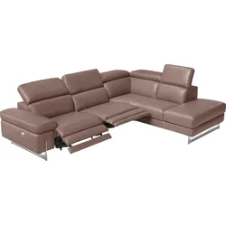 Ecksofa EGOITALIANO "Candice, elegant, edel und bequem, erstklassiger Sitzkomfort, L-Form", beige (safari), B:278cm H:100cm T:221cm, LEDER BACIO hat eine weiche und wachsartige Hand mit halb undurchsichtigem Aussehen. Es handelt sich um ein Naturleder, das die ursprünglichen Eigenschaften der Lederhäute nicht verändert. Das Vorhandensein von verheilten Narben, Körnungsunterschiede, Falten, Adern, Unterschiede in den Farbtönen und andere Spuren, die die Natur auf diesen Fellen hinterlassen hat, sind ein Beweis für die absolute Echtheit und das Zeugnis ihres großen Wertes., Sofas, inkl. 2 elektrischer Relaxfunktionen, Bedienung über Taste an Armlehne