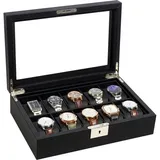 LuxusKollektion Schmuckset Uhrenbox 10 Fächer Glasdeckel Metallschloss Schlüssel Schwarz